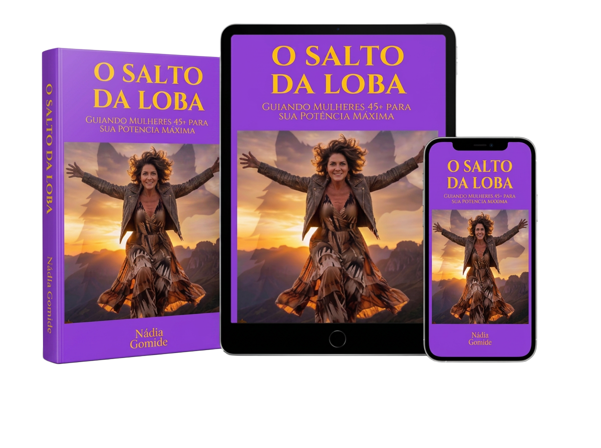 E-book O Salto da Loba exibido em livro impresso, tablet e celular